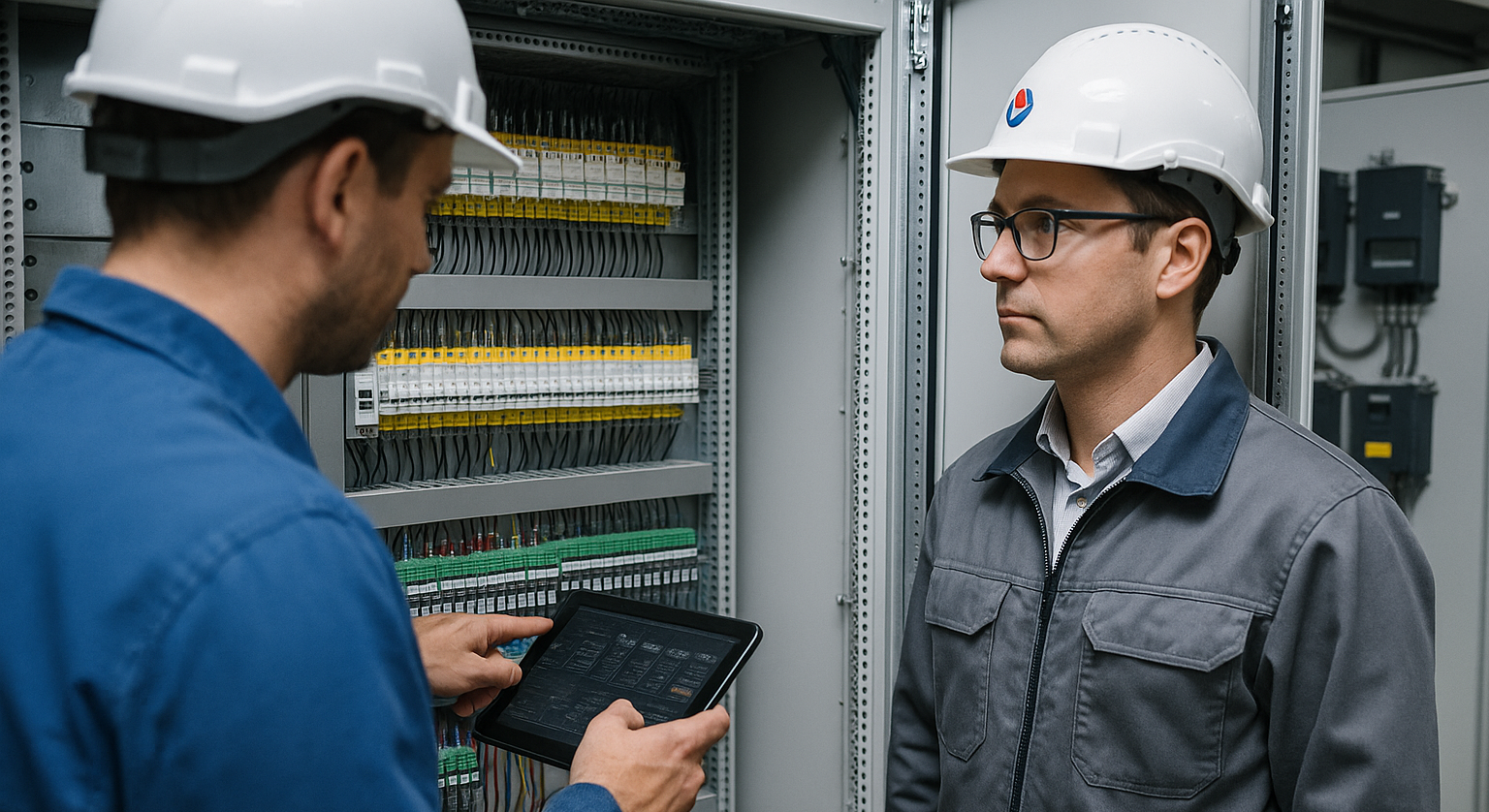 Ingenieros revisando tableros eléctricos industriales